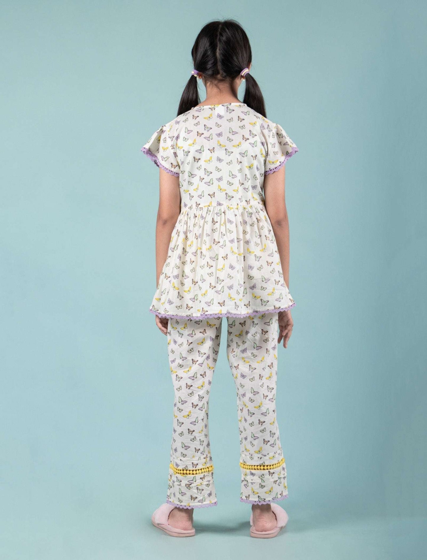 Pure Cotton Butterfly Night Suit for Girls Kids with Eye Mask (Lavender) - Tweeny Mini