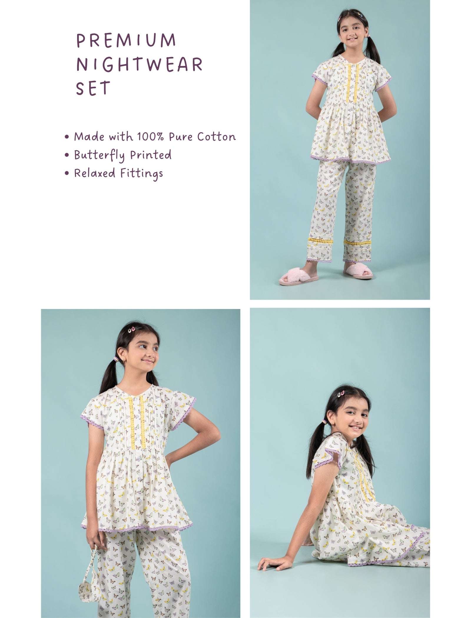 Pure Cotton Butterfly Night Suit for Girls Kids with Eye Mask (Lavender) - Tweeny Mini