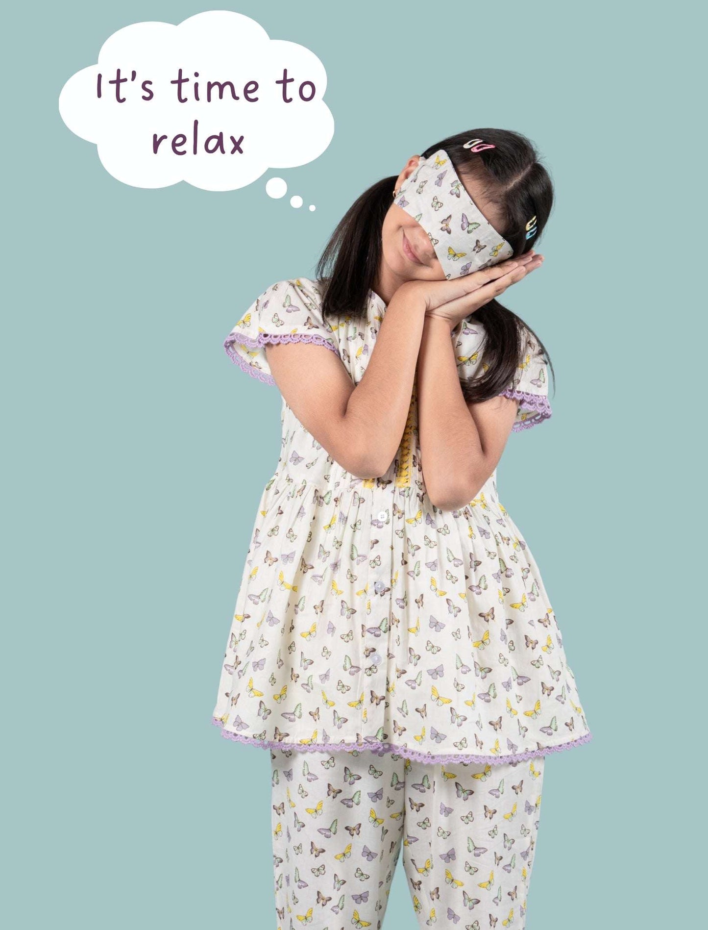 Pure Cotton Butterfly Night Suit for Girls Kids with Eye Mask (Lavender) - Tweeny Mini