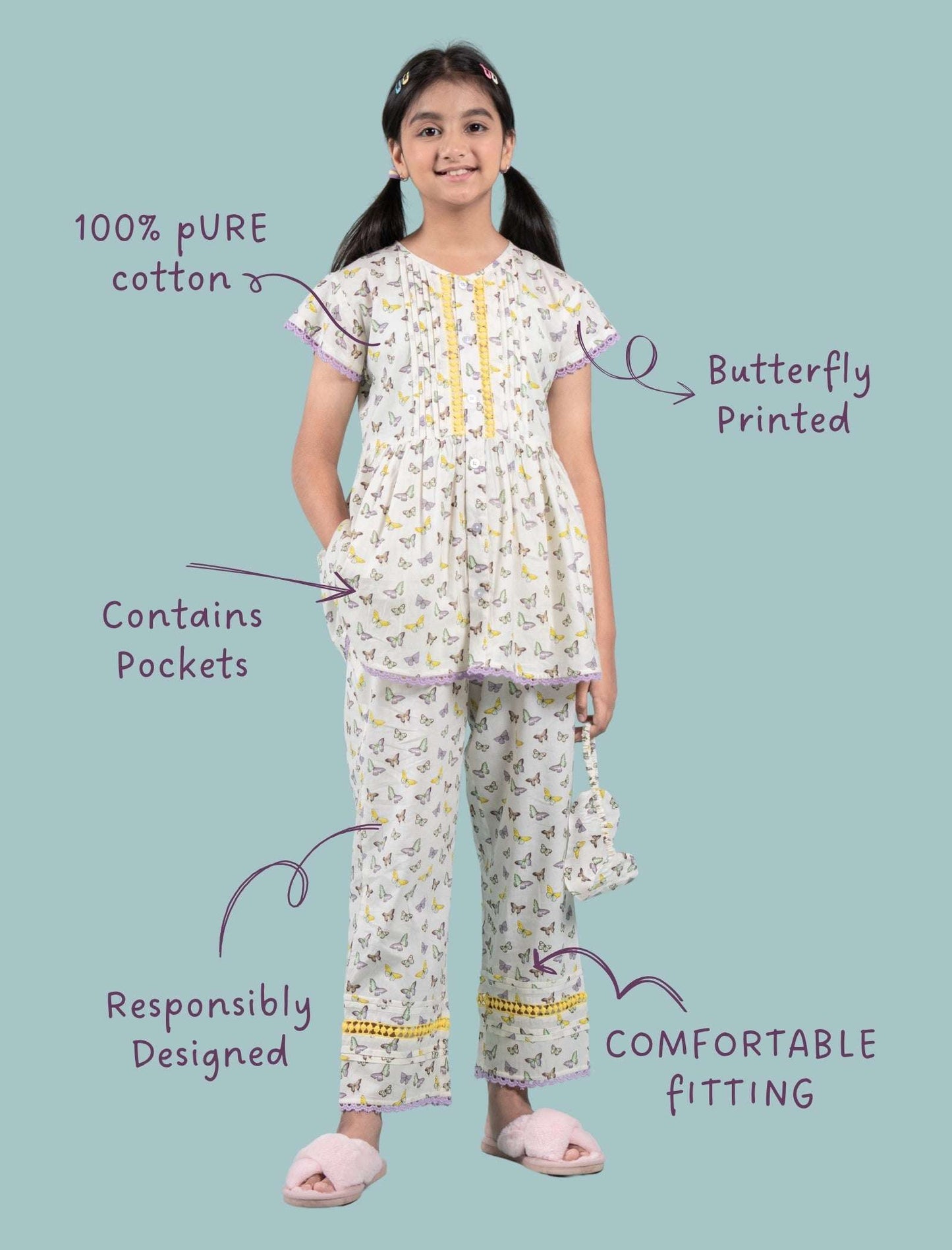 Pure Cotton Butterfly Night Suit for Girls Kids with Eye Mask (Lavender) - Tweeny Mini