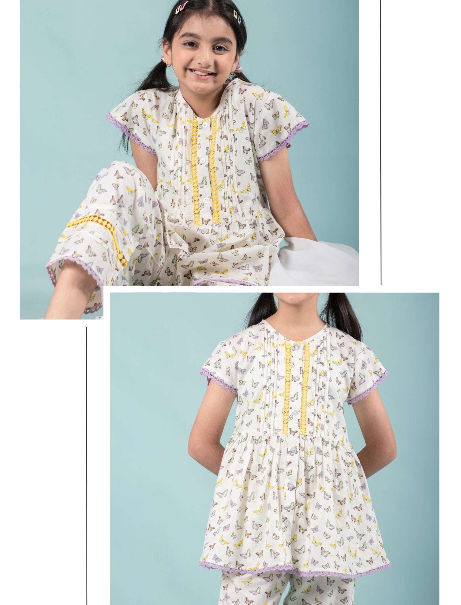 Pure Cotton Butterfly Night Suit for Girls Kids with Eye Mask (Lavender) - Tweeny Mini