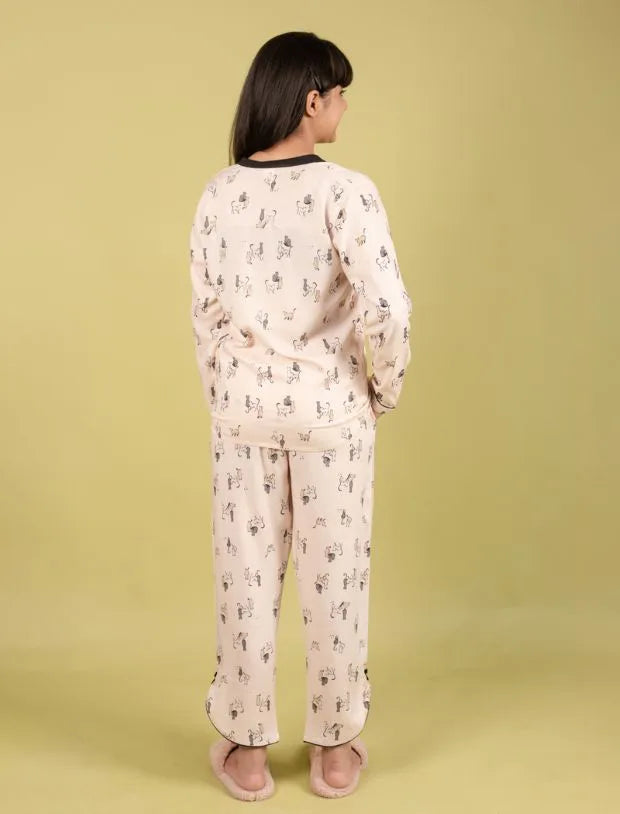 Cat Printed Pyjama Set with Full Sleeves-Tweeny Mini