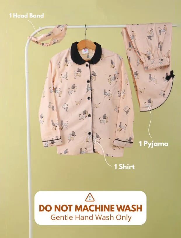 Cat Printed Pyjama Set with Full Sleeves-Tweeny Mini