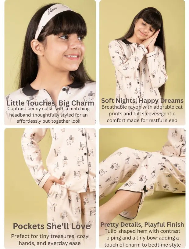 Cat Printed Pyjama Set with Full Sleeves-Tweeny Mini