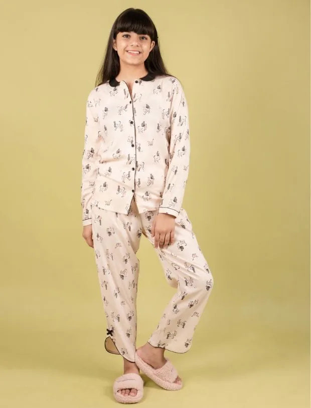 Cat Printed Pyjama Set with Full Sleeves-Tweeny Mini