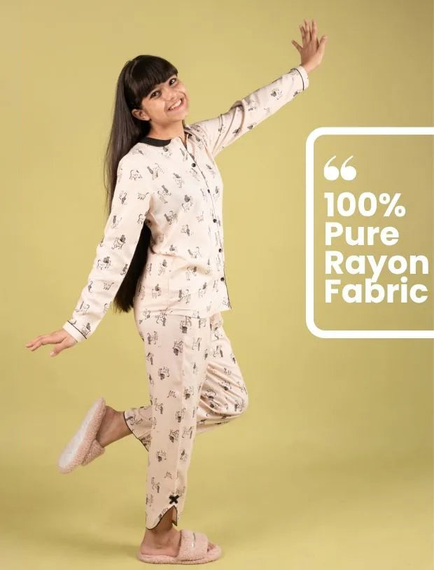 Cat Printed Pyjama Set with Full Sleeves-Tweeny Mini
