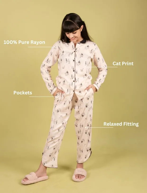 Cat Printed Pyjama Set with Full Sleeves-Tweeny Mini