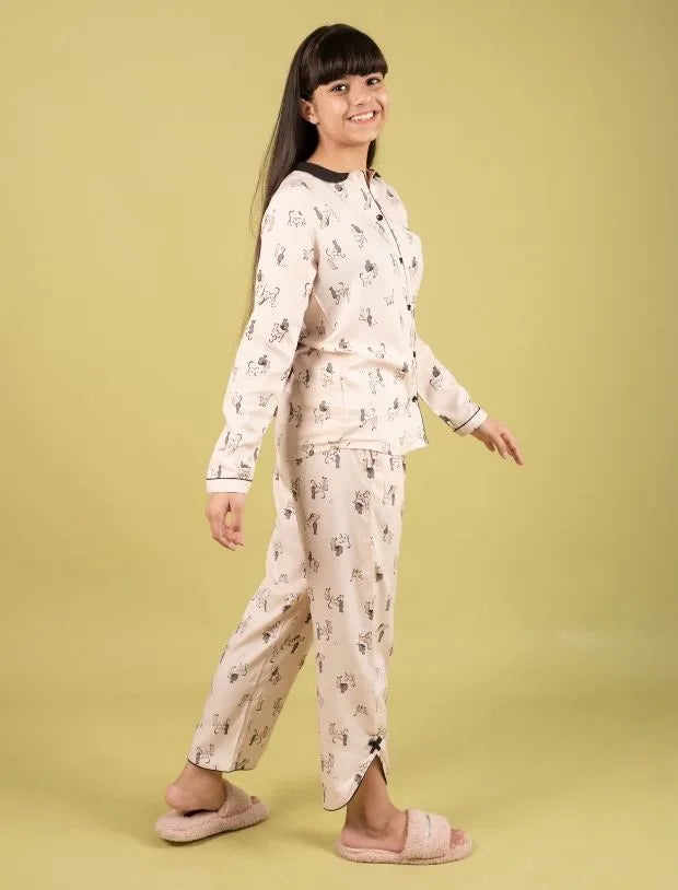 Cat Printed Pyjama Set with Full Sleeves-Tweeny Mini