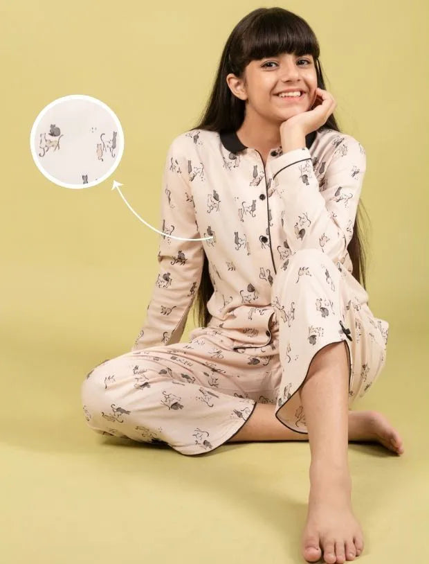 Cat Printed Pyjama Set with Full Sleeves-Tweeny Mini