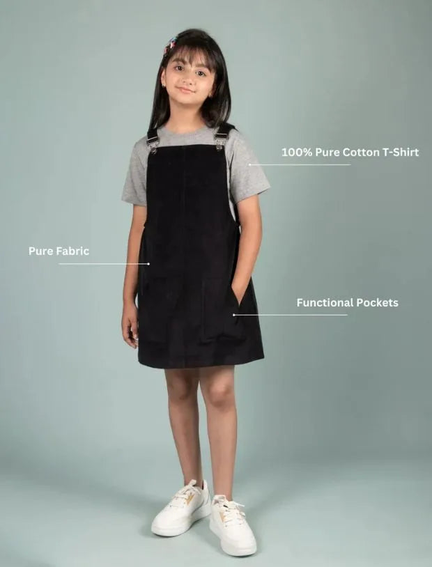 Classic Corduroy Pinafore Dress for Kids Girls with T-shirt (Black)-Tweeny Mini

