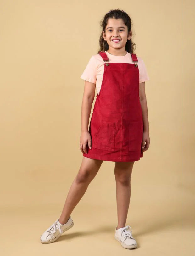 Classic Corduroy Pinafore Dress for Girls Kids (Red)with T shirt -Tweeny Mini