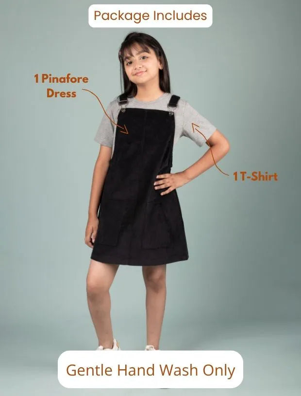 Classic Corduroy Pinafore Dress for Kids Girls with T-shirt (Black)-Tweeny Mini

