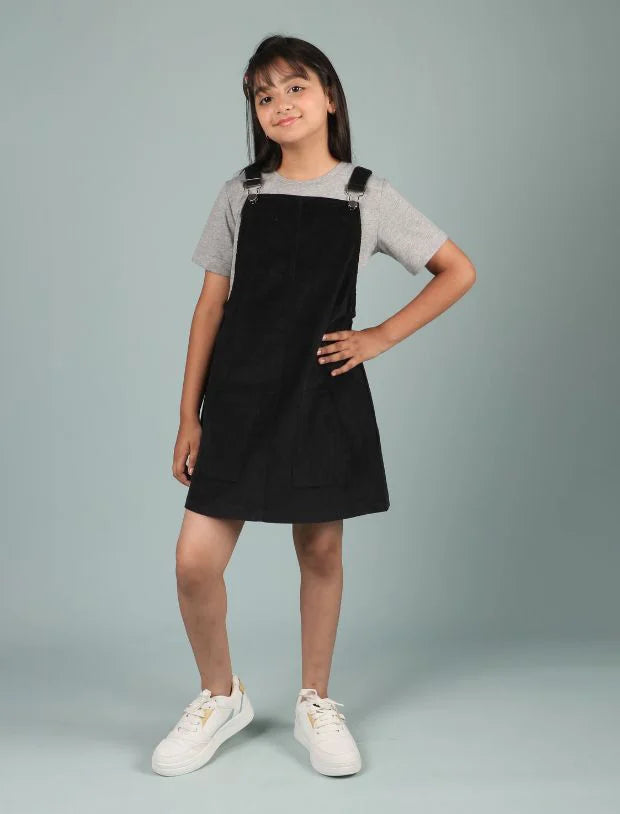 Classic Corduroy Pinafore Dress for Kids Girls with T-shirt (Black)-Tweeny Mini

