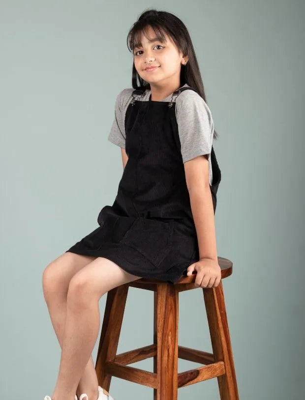 Classic Corduroy Pinafore Dress for Kids Girls with T-shirt (Black)-Tweeny Mini

