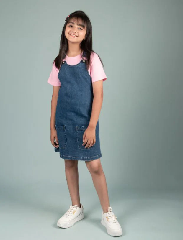 Classic Denim Pinafore Dress for Kids Girls with T-shirt (Blue)-Tweeny Mini