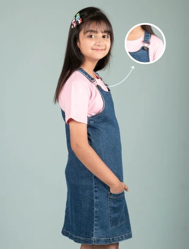 Classic Denim Pinafore Dress for Kids Girls with T-shirt (Blue)-Tweeny Mini
