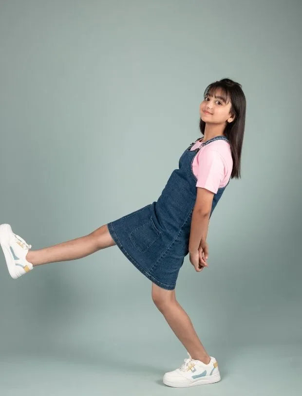 Classic Denim Pinafore Dress for Kids Girls with T-shirt (Blue)-Tweeny Mini
