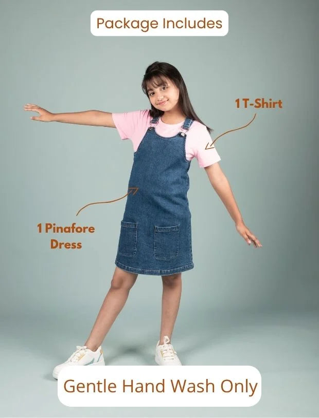 Classic Denim Pinafore Dress for Kids Girls with T-shirt (Blue)-Tweeny Mini