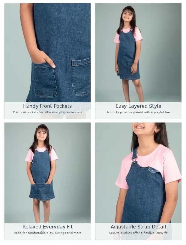 Classic Denim Pinafore Dress for Kids Girls with T-shirt (Blue-Tweeny Mini