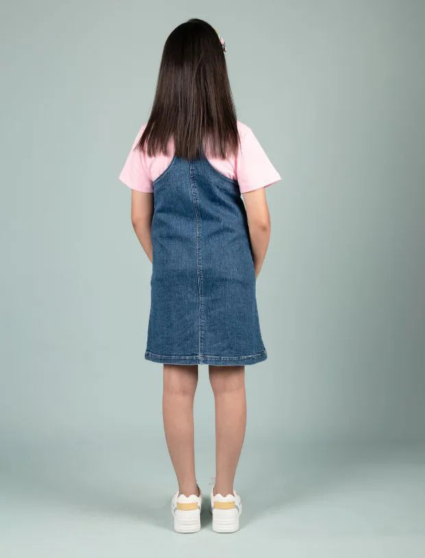 Classic Denim Pinafore Dress for Kids Girls with T-shirt (Blue)-Tweeny Mini