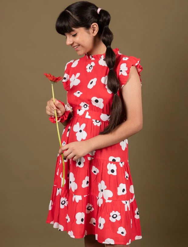 Classic Floral Dress for Girls Kids with Ruffled Sleeves-Tweeny Mini