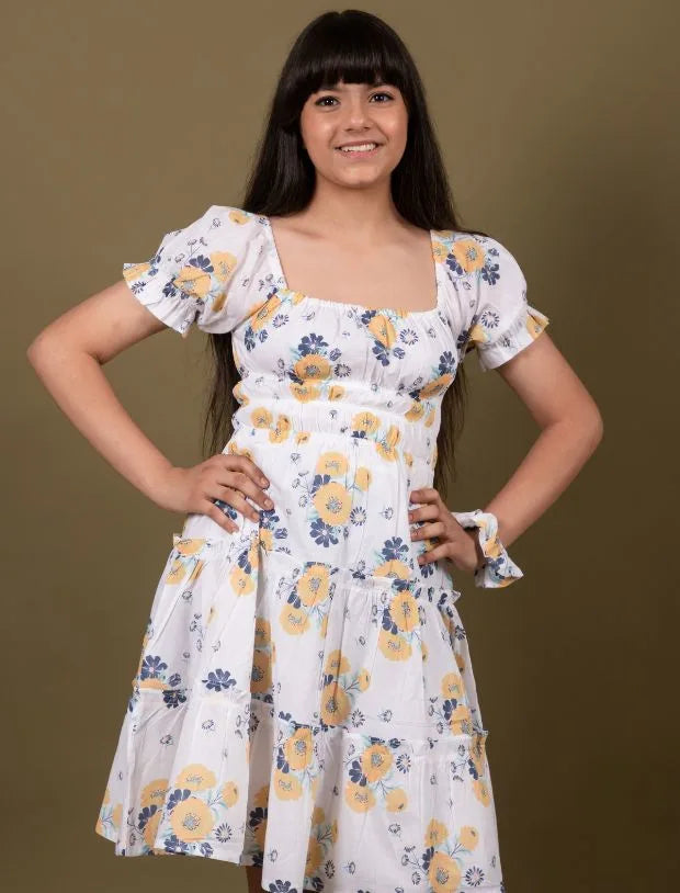 Classic Smocked Floral Dress for Girls Kids (White)-Tweeny Mini
