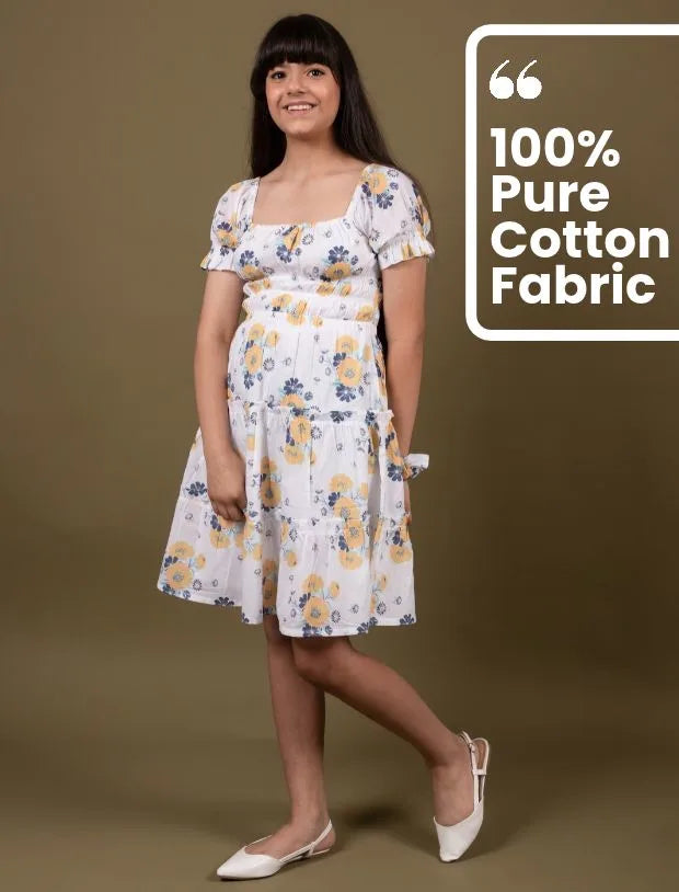 Classic Smocked Floral Dress for Girls Kids (White)-Tweeny Mini