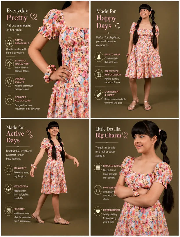 Classic Smocked Girls Kids Floral Dress with Puffed Sleeves-Tweeny Mini