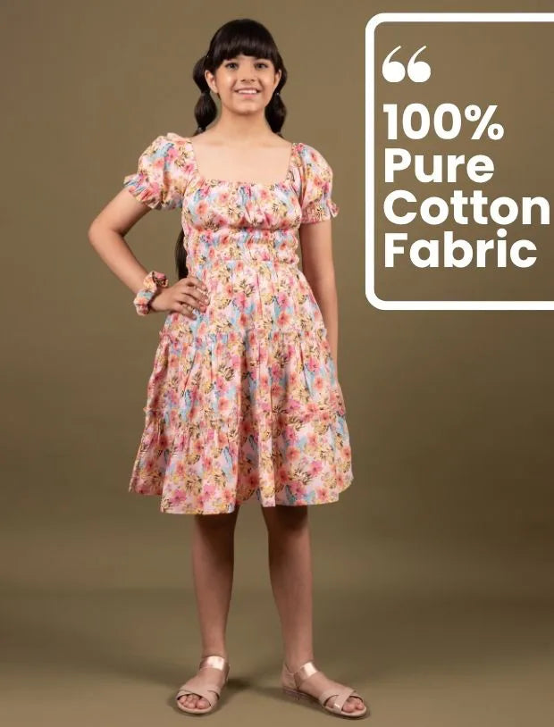 Classic Smocked Girls Kids Floral Dress with Puffed Sleeves-Tweeny Mini