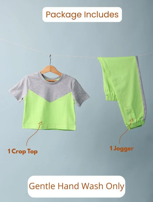 Colour Block Girls Kids Joggers Set – Crop Top Co-ord in Lime Green-Tweeny Mini
