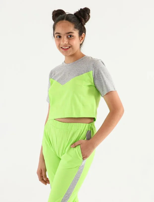 Colour Block Girls Kids Joggers Set – Crop Top Co-ord in Lime Green-Tweeny Mini