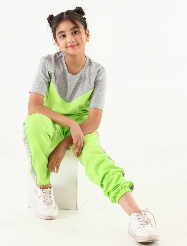 Colour Block Girls Kids Joggers Set – Crop Top Co-ord in Lime Green-Tweeny Mini
