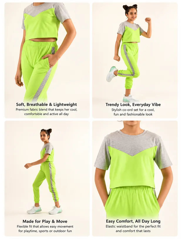 Colour Block Girls Kids Joggers Set – Crop Top Co-ord in Lime Green-Tweeny Mini
