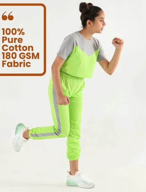 Colour Block Girls Kids Joggers Set – Crop Top Co-ord in Lime Green-Tweeny Mini