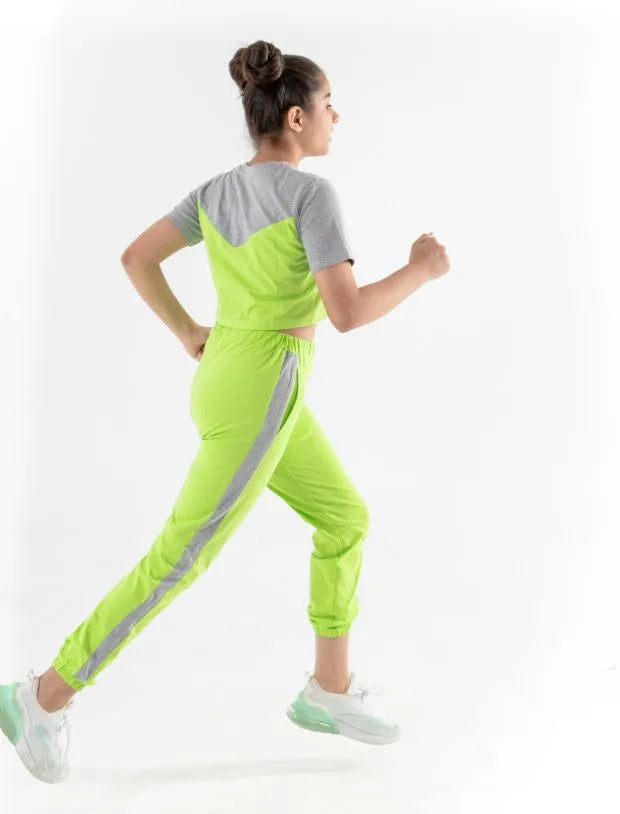 Colour Block Girls Kids Joggers Set – Crop Top Co-ord in Lime Green-Tweeny Mini