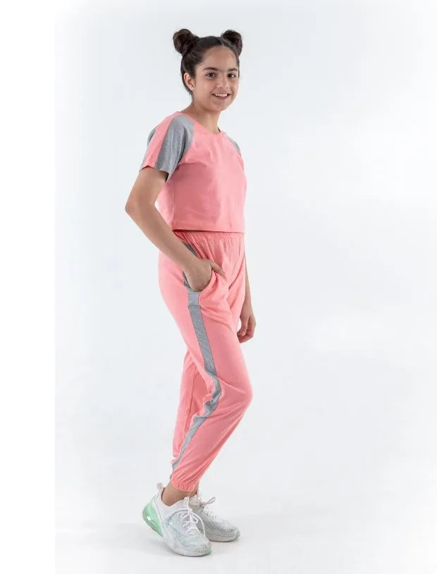 Colour Block Kids Girls Summer Joggers Set (Fusion Coral)-Tweeny Mini