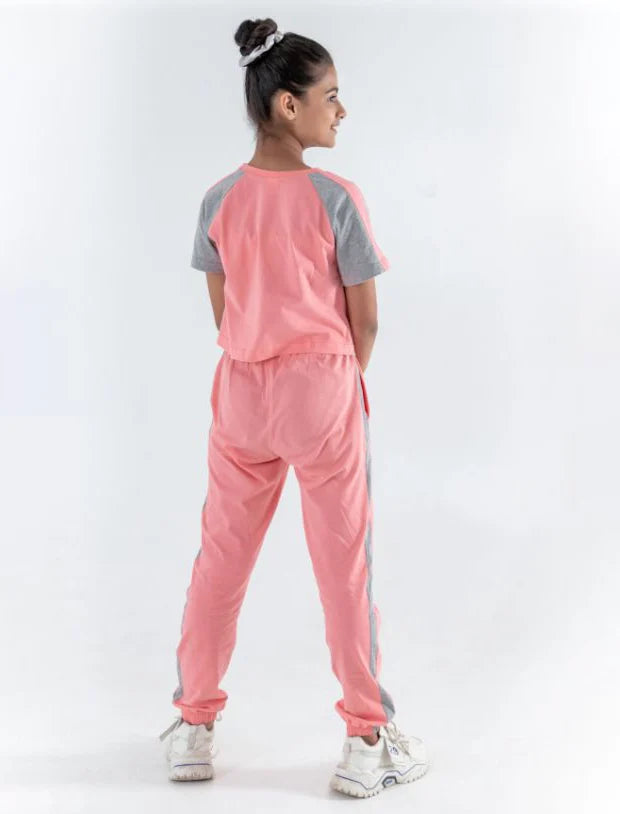 Colour Block Kids Girls Summer Joggers Set (Fusion Coral)-Tweeny Mini