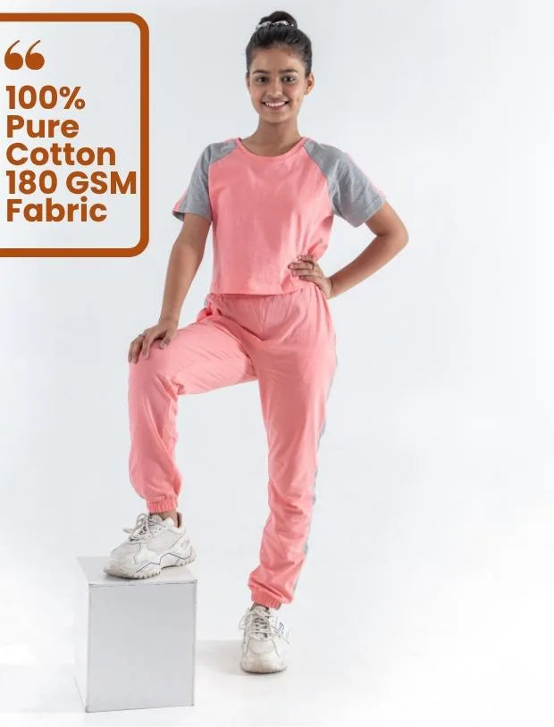 Colour Block Kids Girls Summer Joggers Set (Fusion Coral)-Tweeny Mini