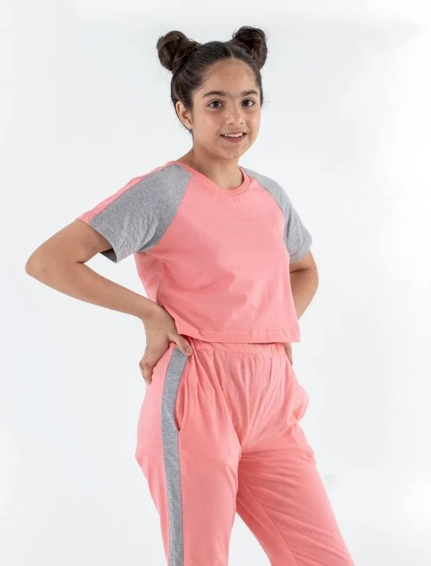 Colour Block Kids Girls Summer Joggers Set (Fusion Coral)-Tweeny Mini