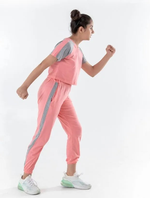 Colour Block Kids Girls Summer Joggers Set (Fusion Coral)-Tweeny Mini