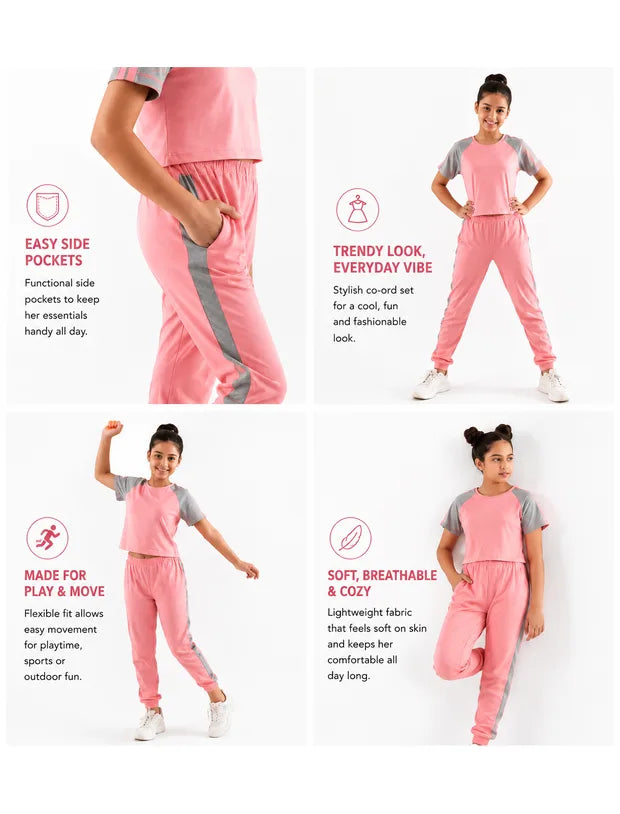 Colour Block Kids Girls Summer Joggers Set (Fusion Coral)-Tweeny Mini