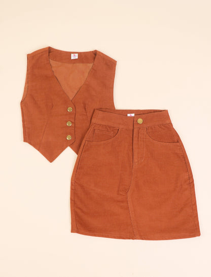 Rust corduroy vest and skirt set on a beige background