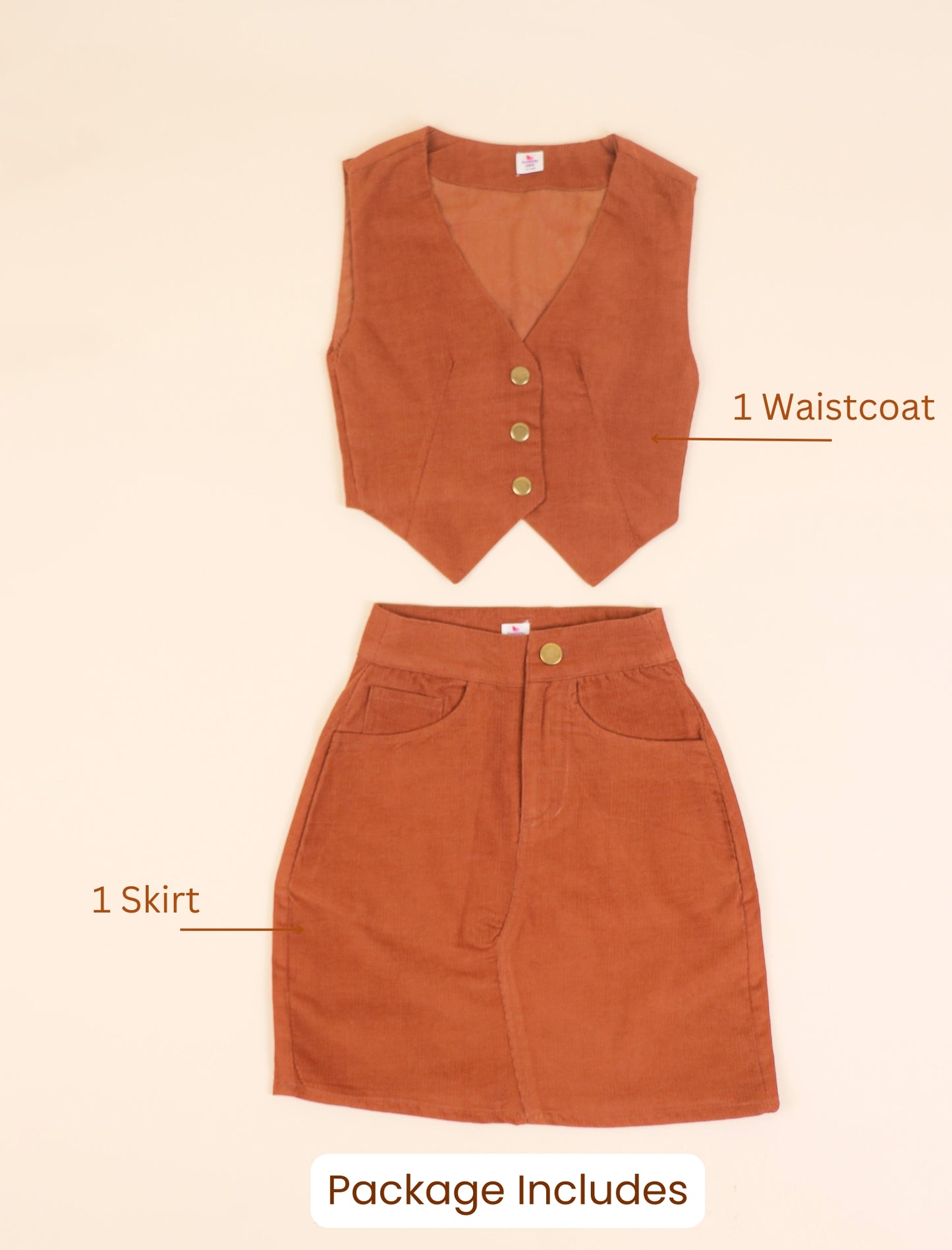 Rust waistcoat and skirt set on a beige background with text indicating contents.