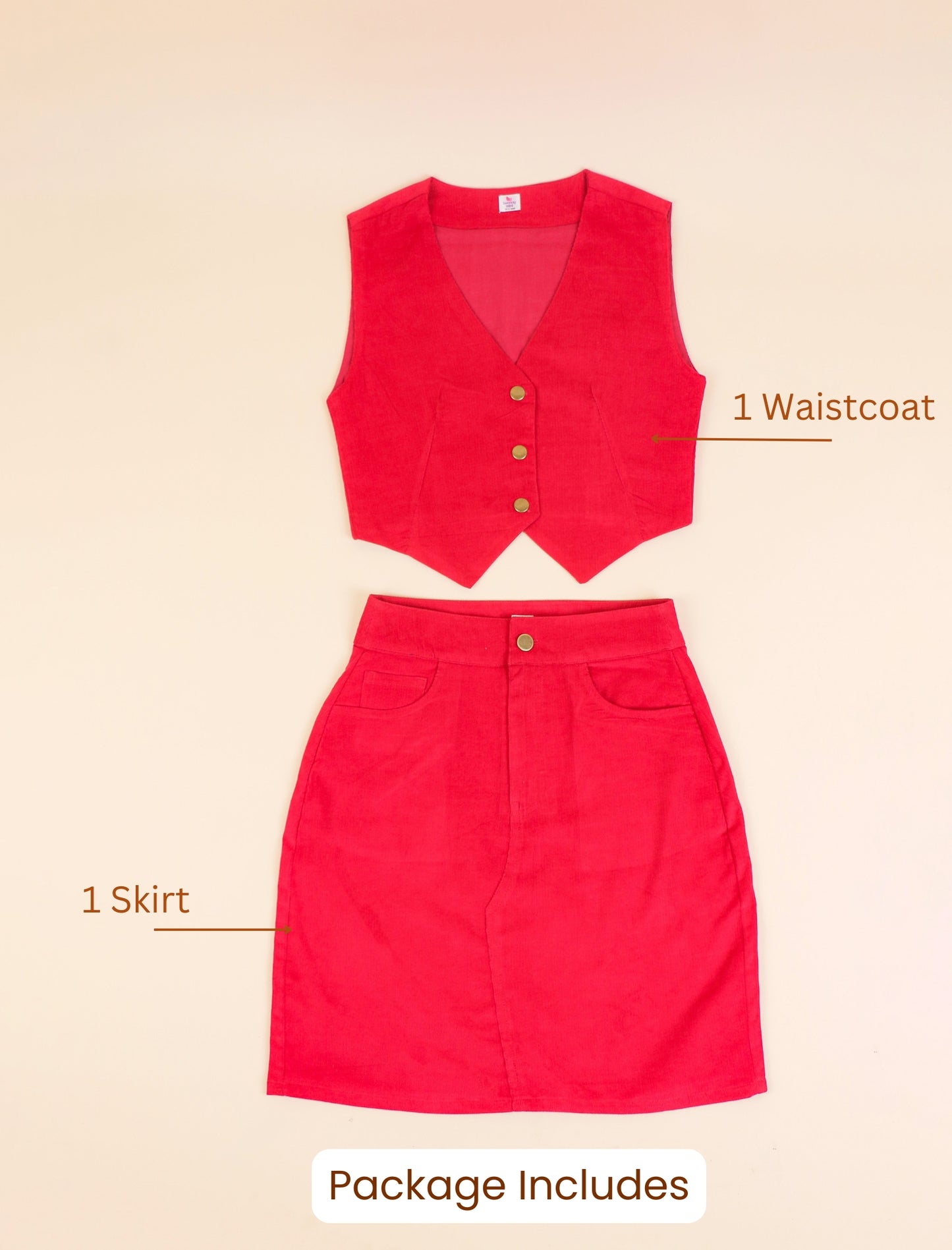 Red waistcoat and skirt set on a beige background with text indicating contents.