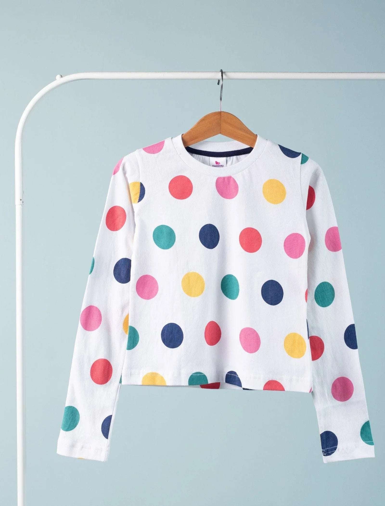 Hand Printed Pure Cotton T-Shirt for Girls Kids (Multi Polka Dot) - Tweeny Mini