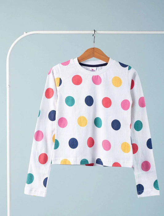 Hand Printed Pure Cotton T-Shirt for Girls Kids (Multi Polka Dot) - Tweeny Mini