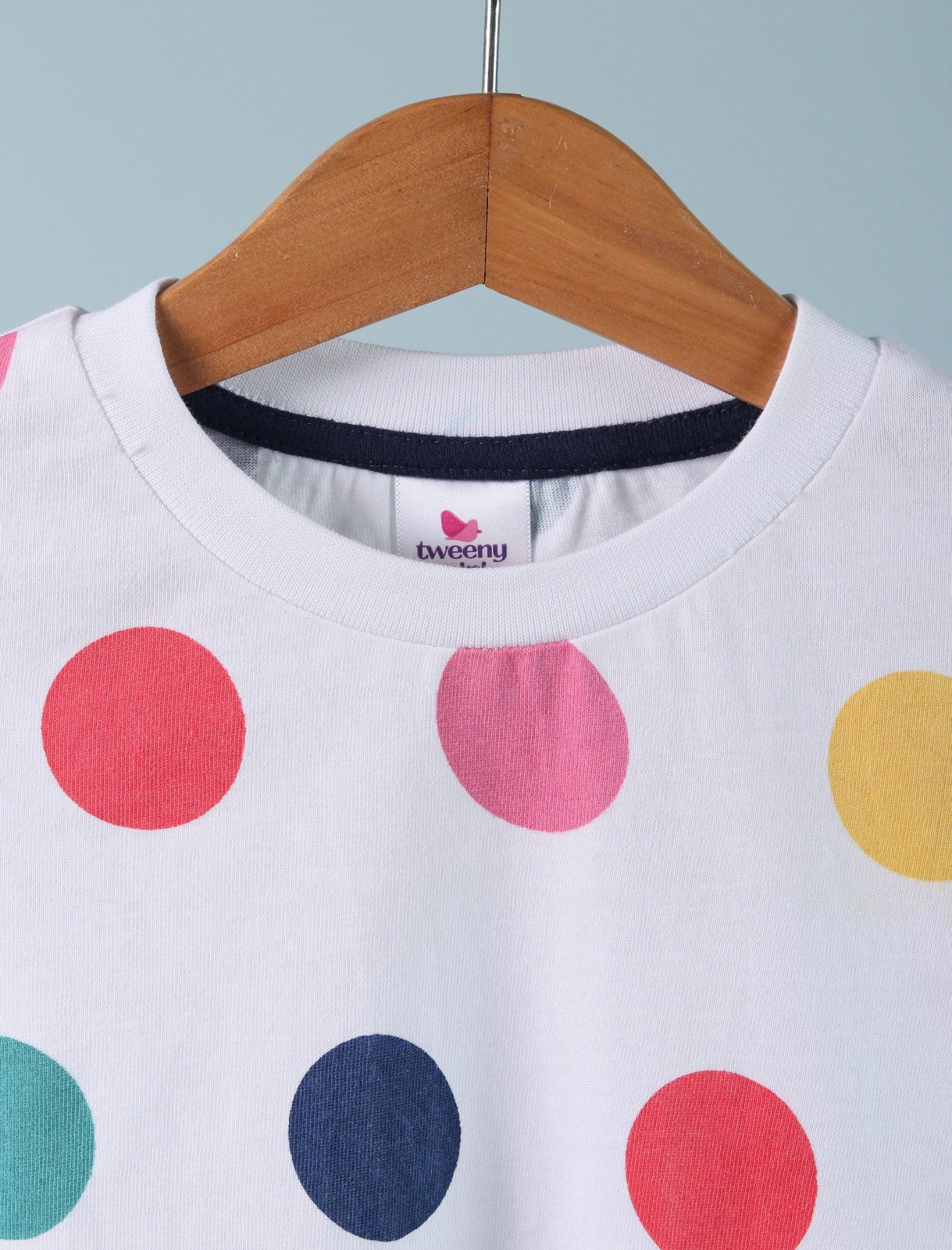Hand Printed Pure Cotton T-Shirt for Girls Kids (Multi Polka Dot) - Tweeny Mini