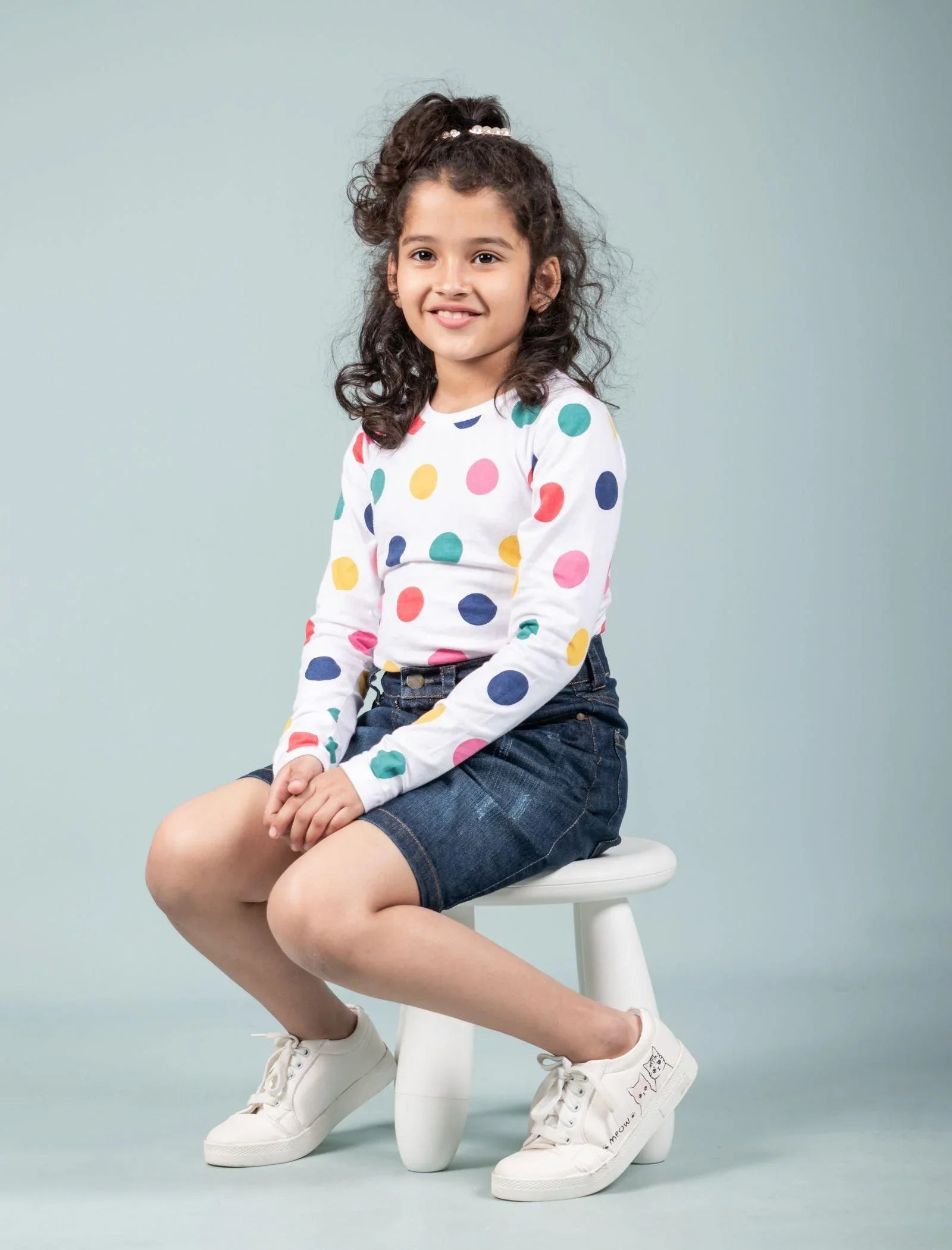 Hand Printed Pure Cotton T-Shirt for Girls Kids (Multi Polka Dot) - Tweeny Mini