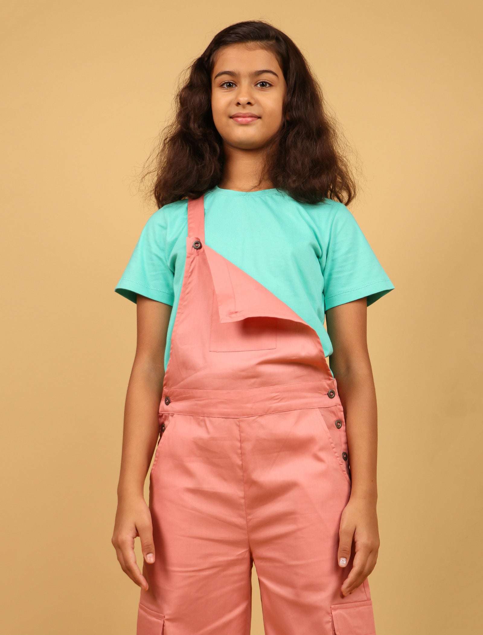 Cargo Twill Cotton Dungaree for Kids Girls with Half Sleeve T-Shirt (Peach) - Tweeny Mini