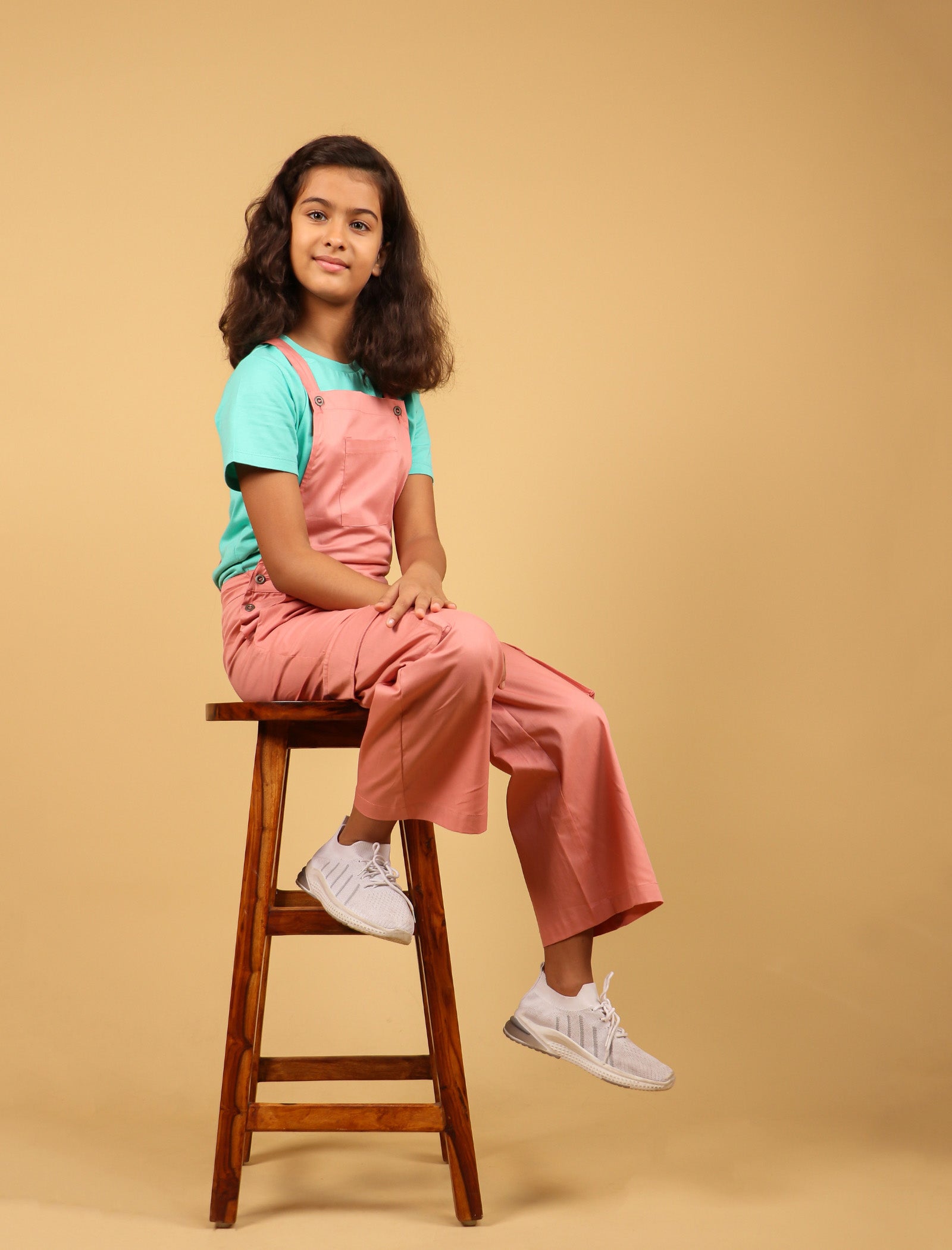 Cargo Twill Cotton Dungaree for Kids Girls with Half Sleeve T-Shirt (Peach) - Tweeny Mini